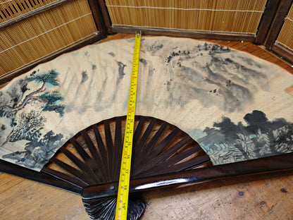 Rare 1940s Japanese Washi Paper Wall Fan Signed Art with Original Box