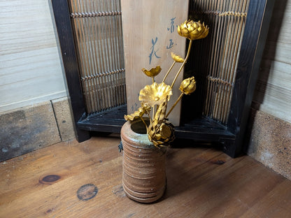 1950s Bizen Yaki Vase with 1940s Aluminum Flowers Japanese Vintage Art Set
