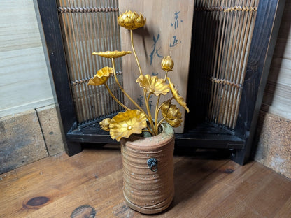 1950s Bizen Yaki Vase with 1940s Aluminum Flowers Japanese Vintage Art Set