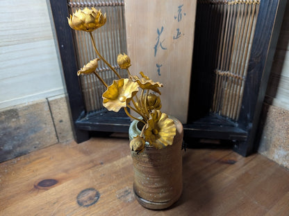 1950s Bizen Yaki Vase with 1940s Aluminum Flowers Japanese Vintage Art Set