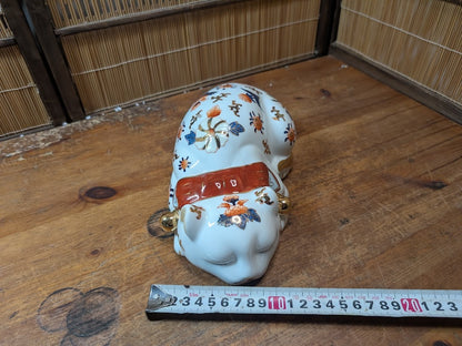 Rare 1950s Imari Maneki Neko Sleeping Cat Figurine with 24K Gold Japan Art