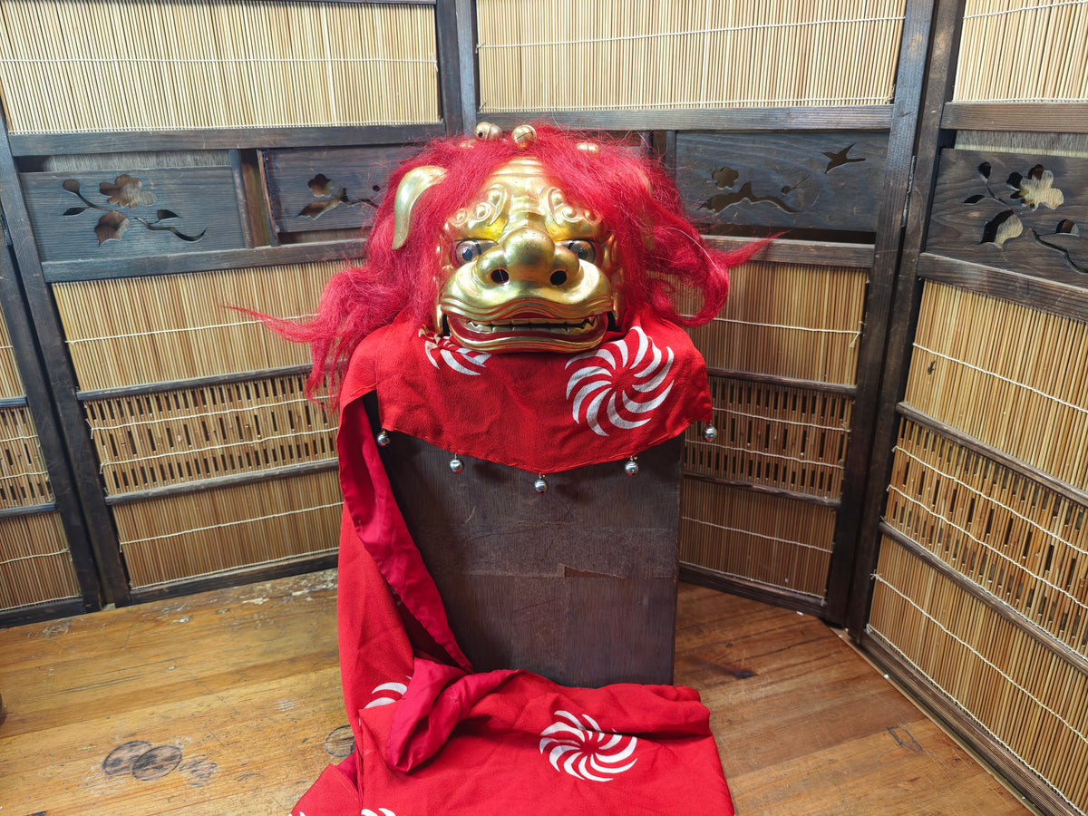 Rare Japanese Antique Shishi Mai Wooden Lion Mask w/Original Box