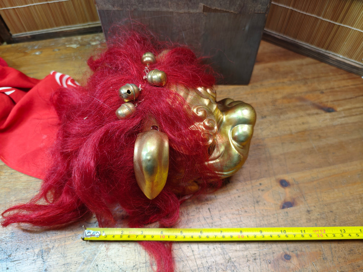 Rare Japanese Antique Shishi Mai Wooden Lion Mask w/Original Box