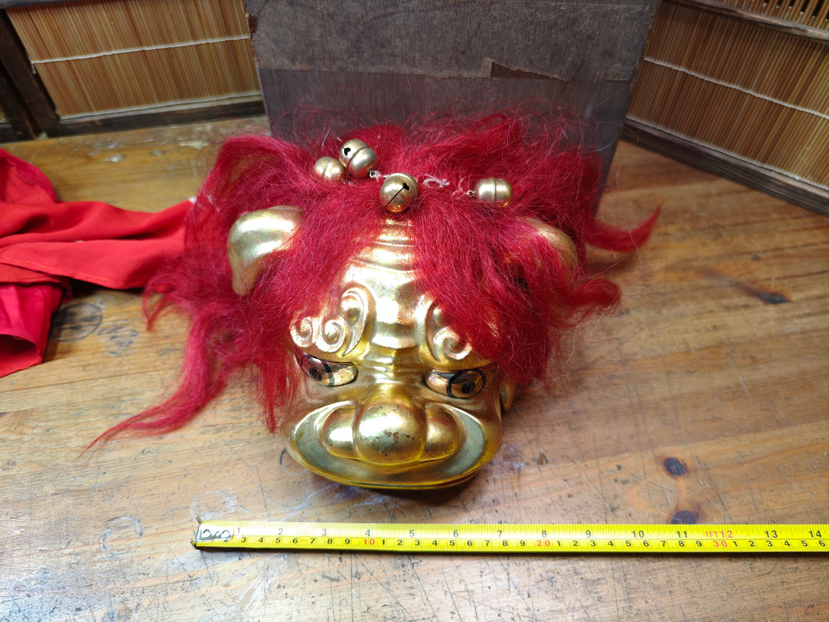 Rare Japanese Antique Shishi Mai Wooden Lion Mask w/Original Box