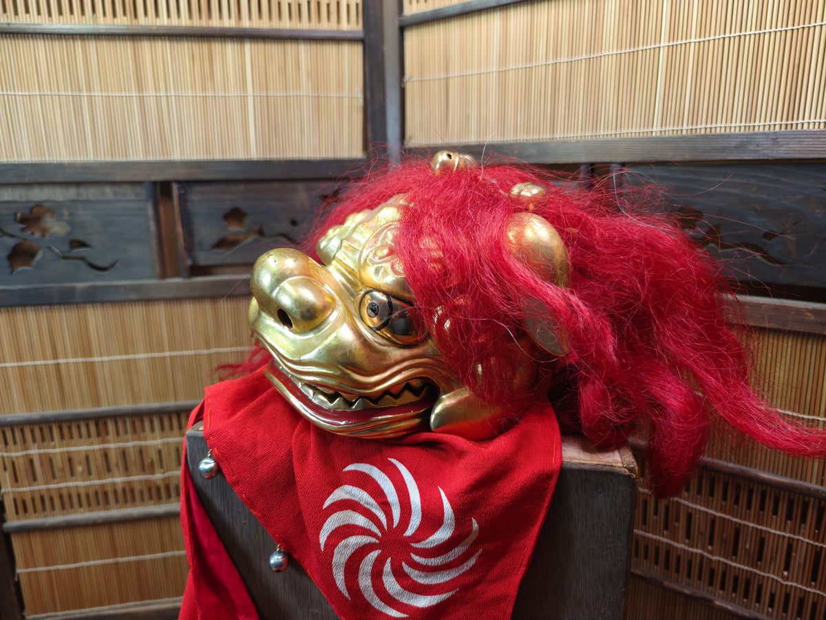 Rare Japanese Antique Shishi Mai Wooden Lion Mask w/Original Box