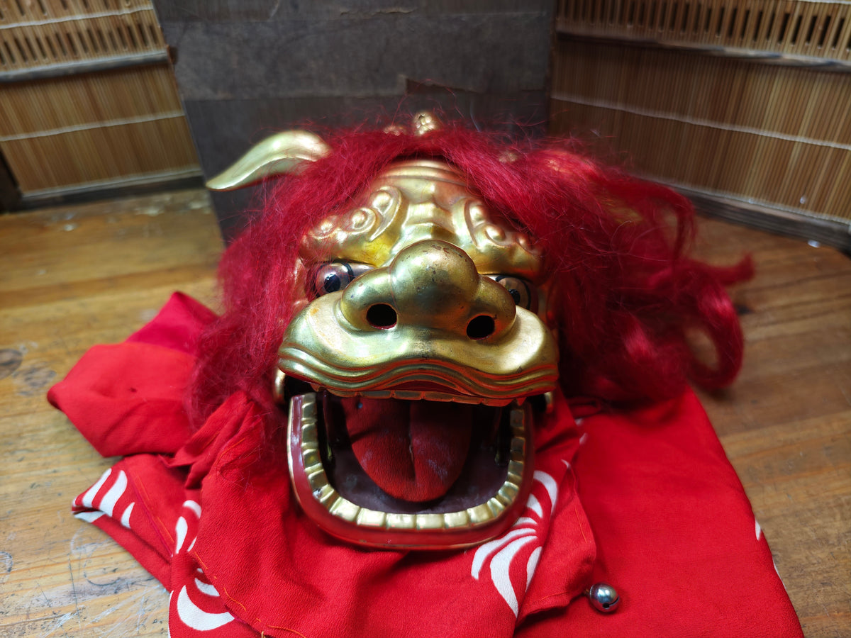 Rare Japanese Antique Shishi Mai Wooden Lion Mask w/Original Box