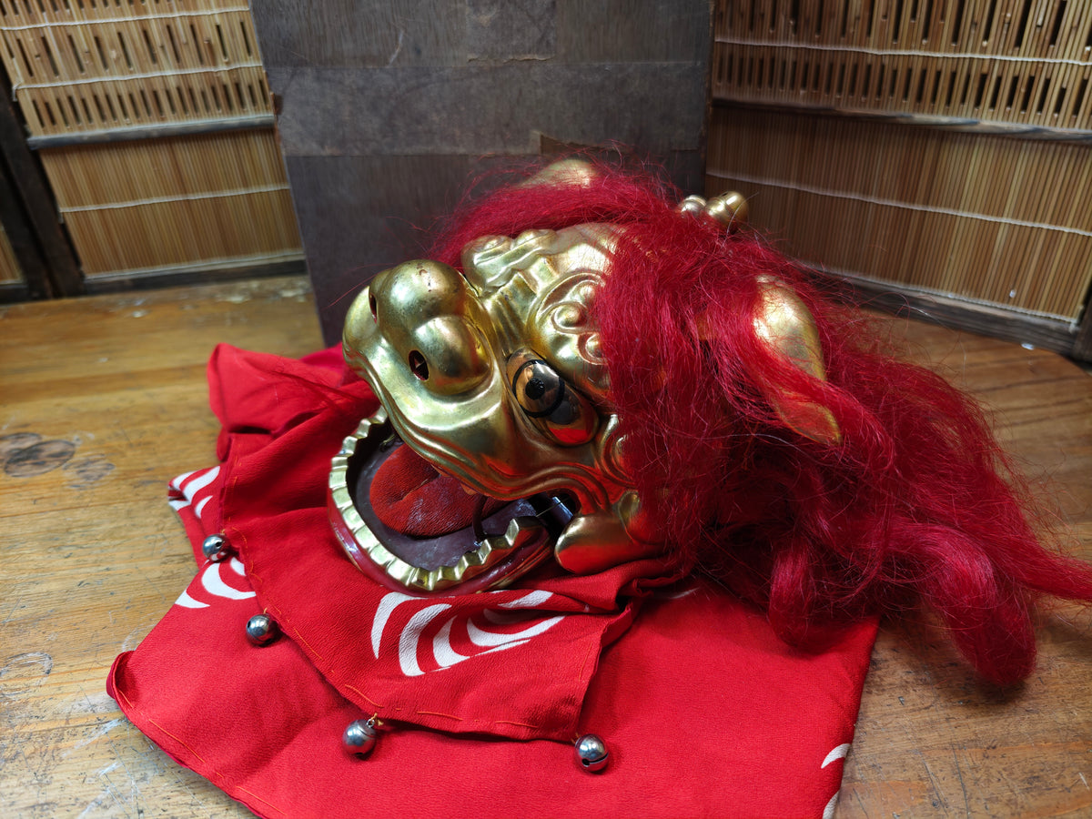 Rare Japanese Antique Shishi Mai Wooden Lion Mask w/Original Box