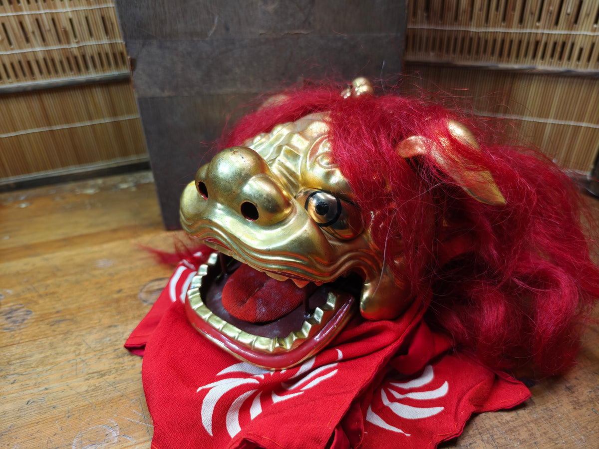 Rare Japanese Antique Shishi Mai Wooden Lion Mask w/Original Box