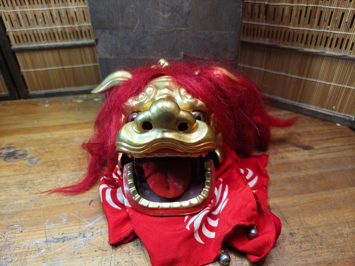 Rare Japanese Antique Shishi Mai Wooden Lion Mask w/Original Box