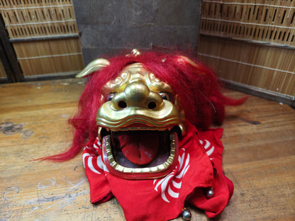 Rare Japanese Antique Shishi Mai Wooden Lion Mask w/Original Box
