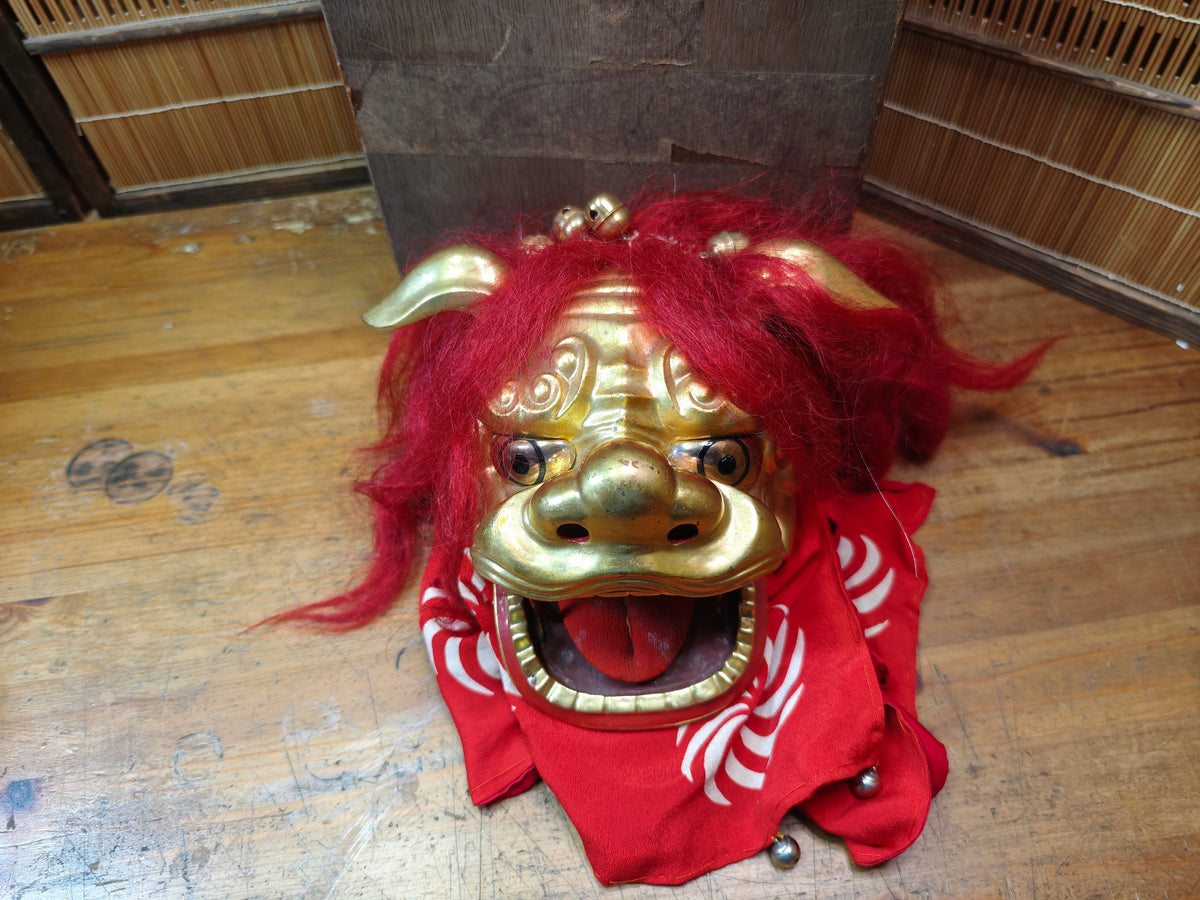 Rare Japanese Antique Shishi Mai Wooden Lion Mask w/Original Box