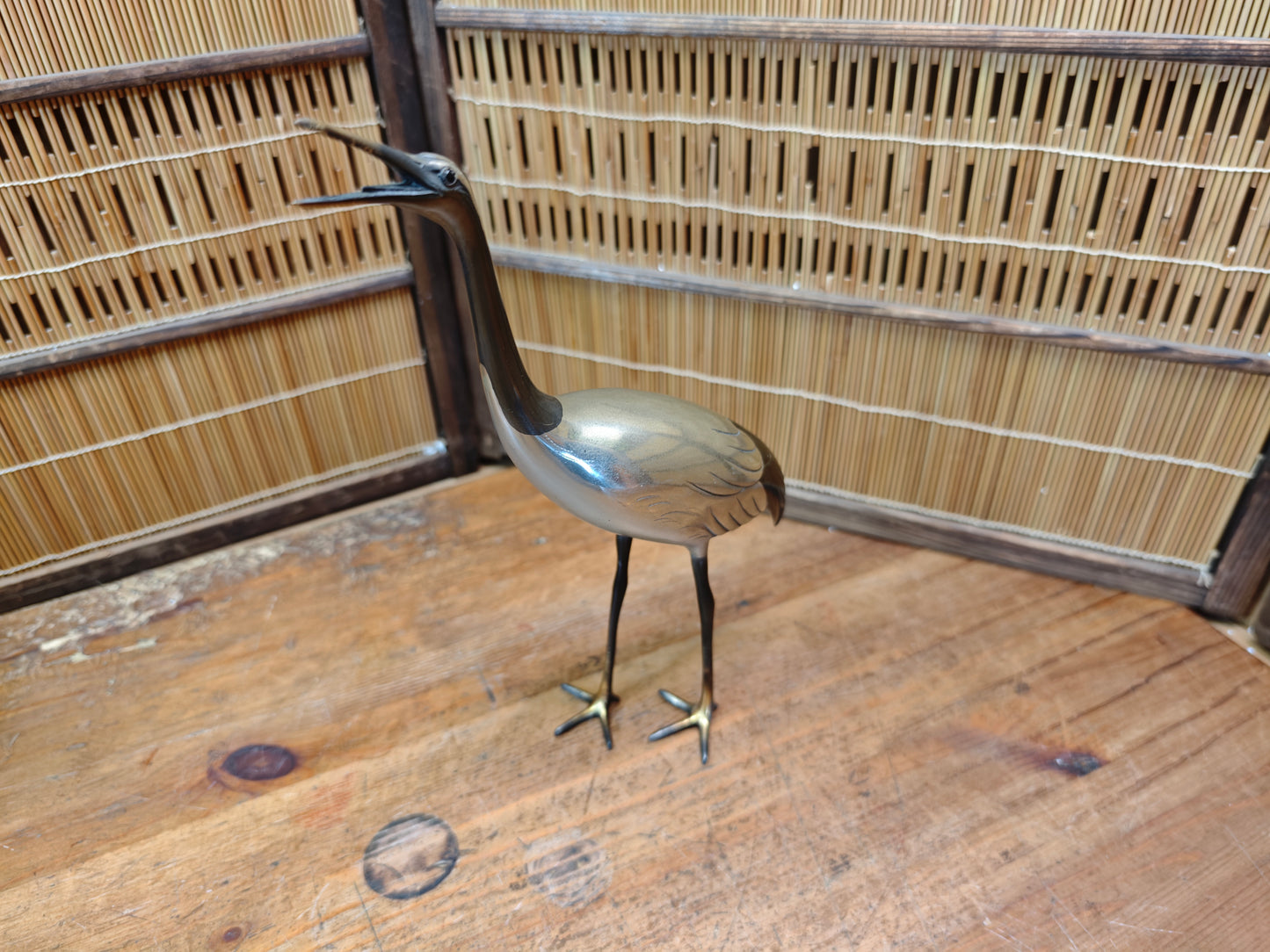Rare Japanese Brass Crane Tsuru Statue Hand Painted Zen Decor Art