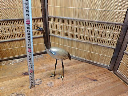 Rare Japanese Brass Crane Tsuru Statue Hand Painted Zen Decor Art