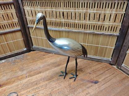 Rare Japanese Brass Crane Tsuru Statue Hand Painted Zen Decor Art