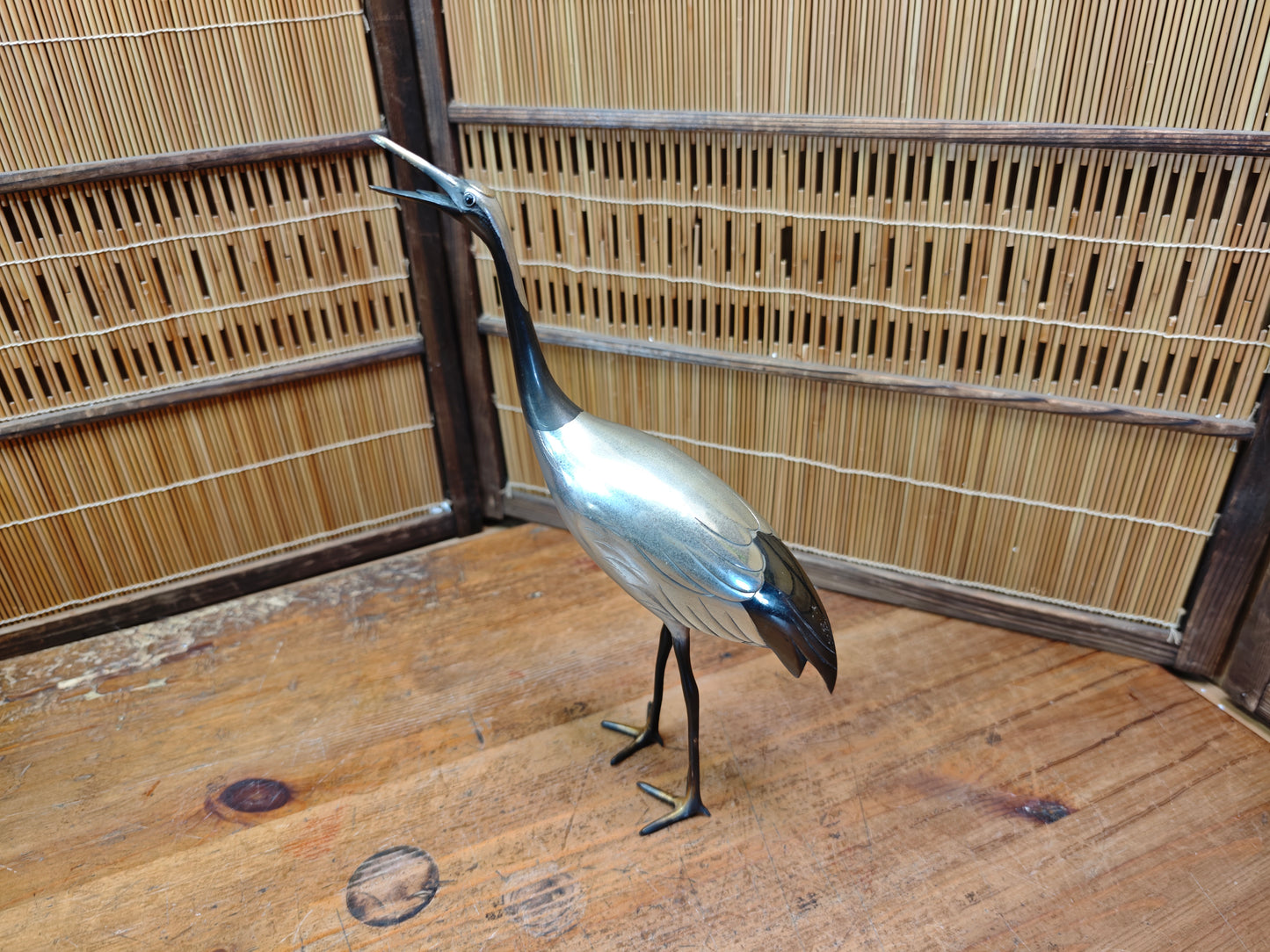 Rare Japanese Brass Crane Tsuru Statue Hand Painted Zen Decor Art