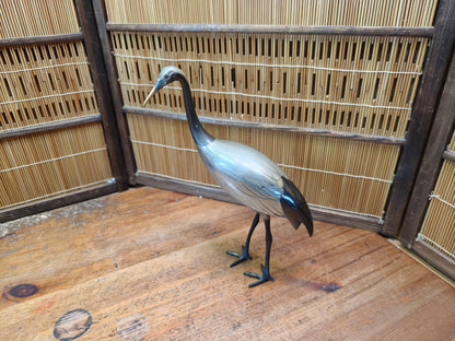 Rare Japanese Brass Crane Tsuru Statue Hand Painted Zen Decor Art