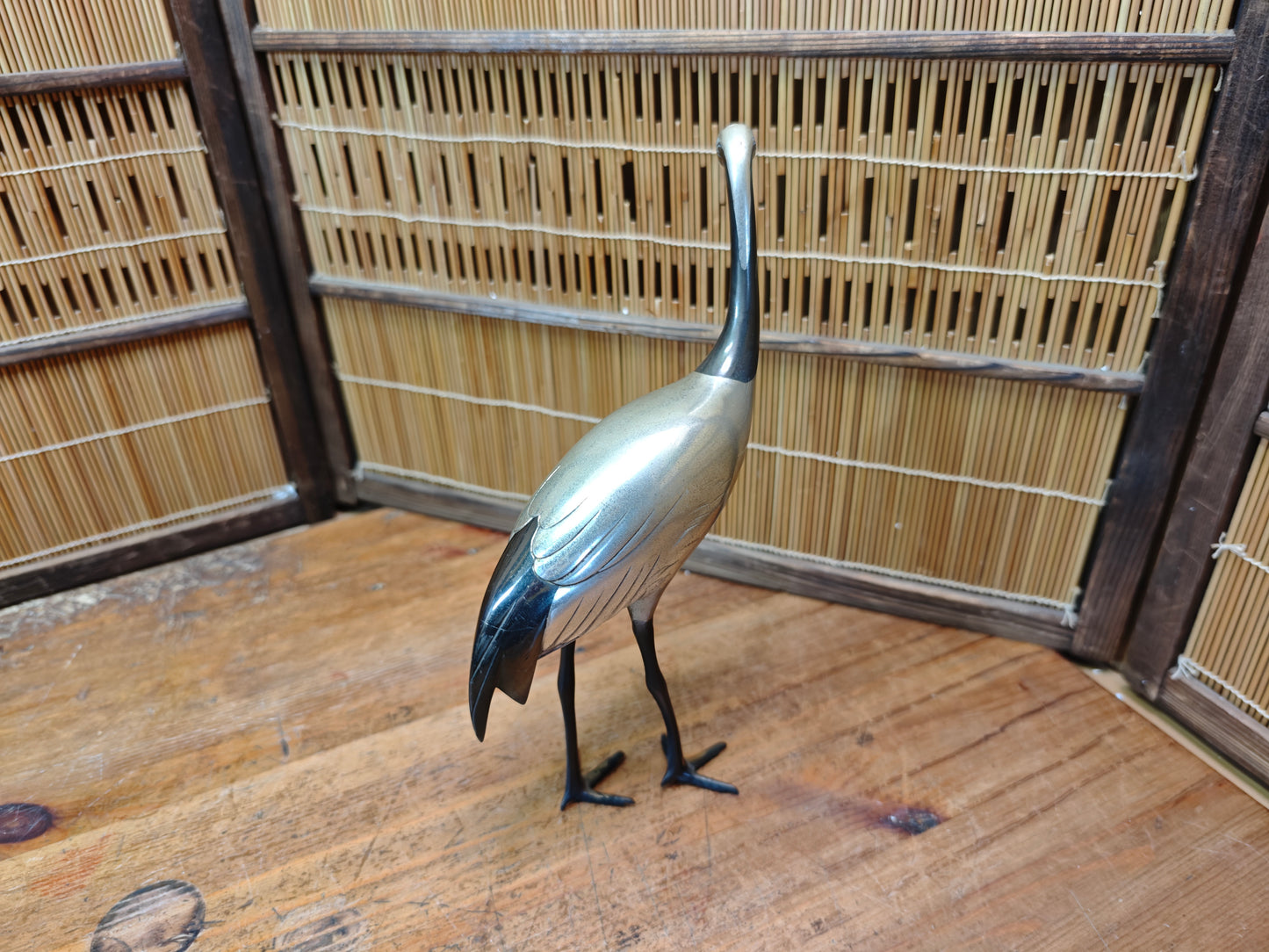 Rare Japanese Brass Crane Tsuru Statue Hand Painted Zen Decor Art