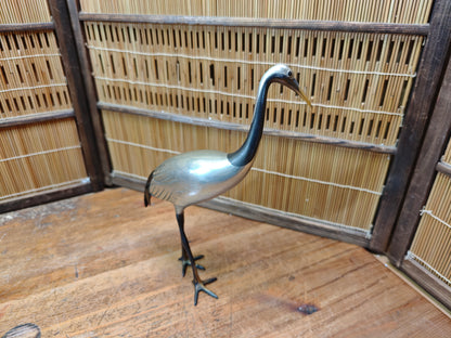 Rare Japanese Brass Crane Tsuru Statue Hand Painted Zen Decor Art