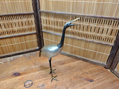 Rare Japanese Brass Crane Tsuru Statue Hand Painted Zen Decor Art