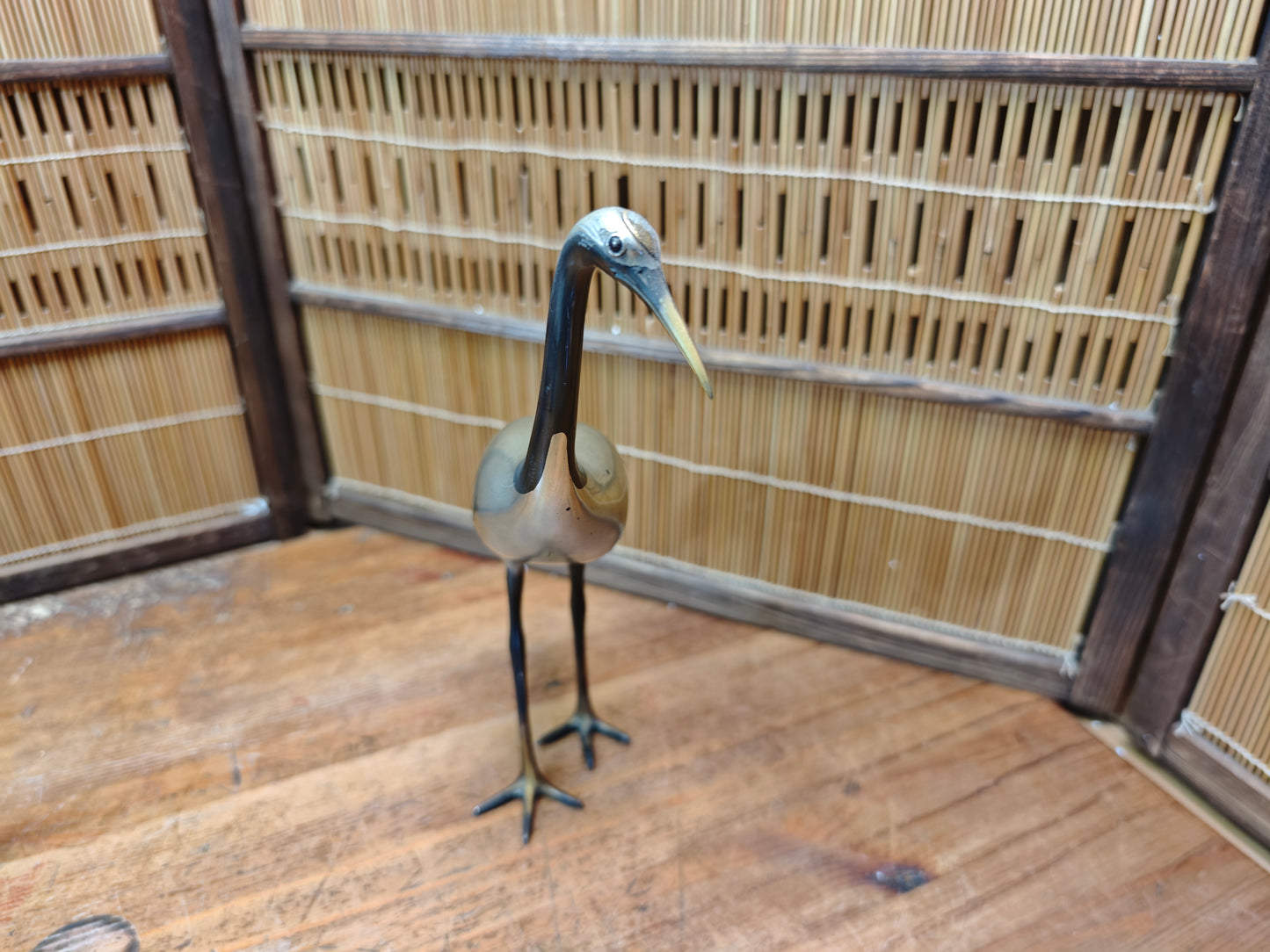 Rare Japanese Brass Crane Tsuru Statue Hand Painted Zen Decor Art