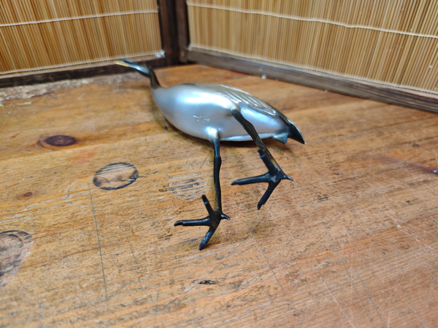 Rare Japanese Brass Crane Tsuru Statue Hand Painted Zen Decor Art