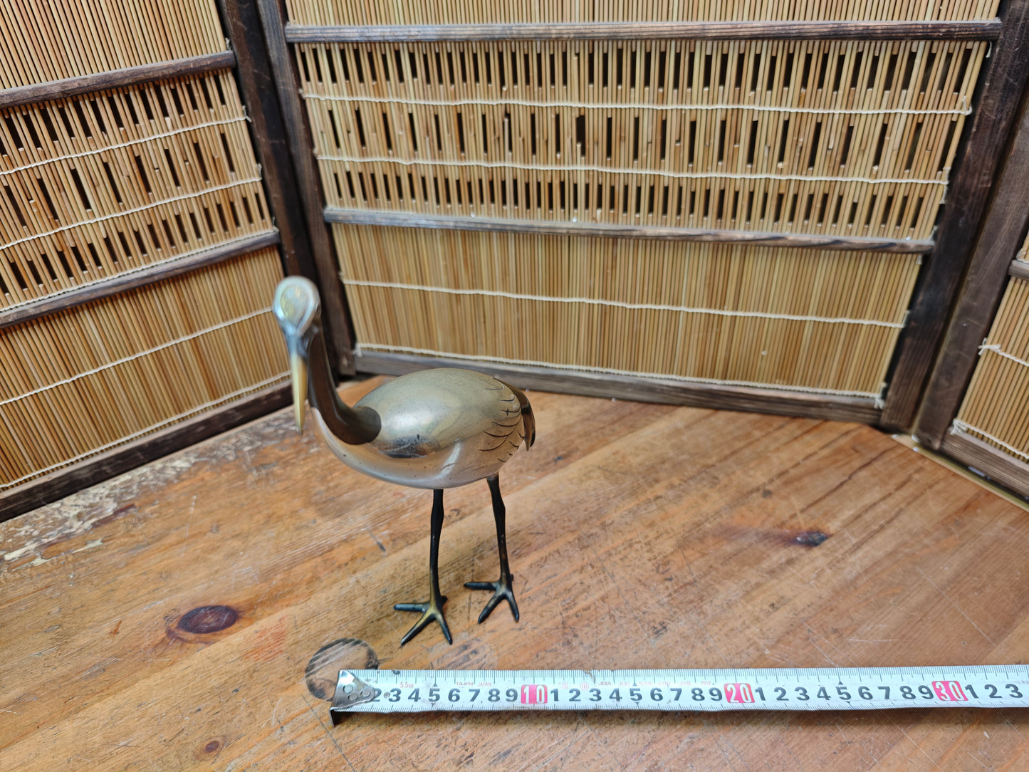 Rare Japanese Brass Crane Tsuru Statue Hand Painted Zen Decor Art