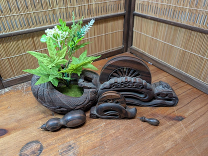 Vintage Japanese Kokutan Ebony Calligraphy Ink Tray Flower Vase