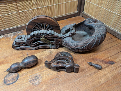 Vintage Japanese Kokutan Ebony Calligraphy Ink Tray Flower Vase