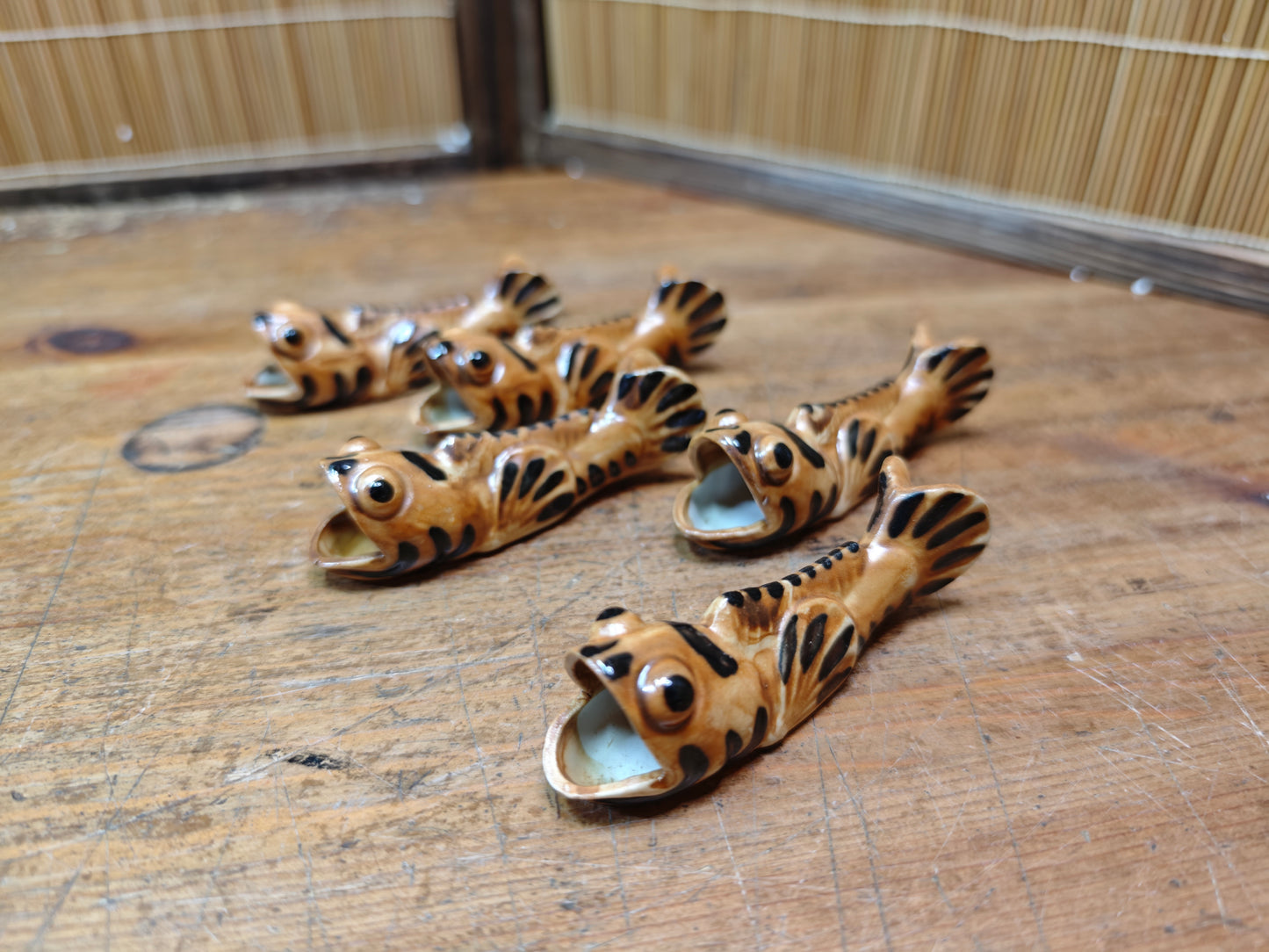 Rare Japanese Koi Fish Chopstick Rests Set Vintage Pottery Hashioki