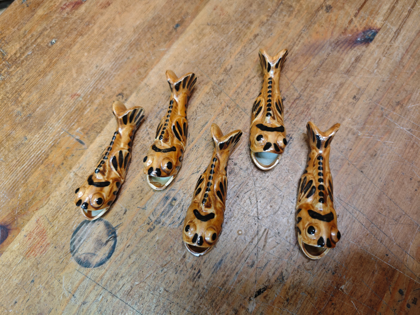 Rare Japanese Koi Fish Chopstick Rests Set Vintage Pottery Hashioki