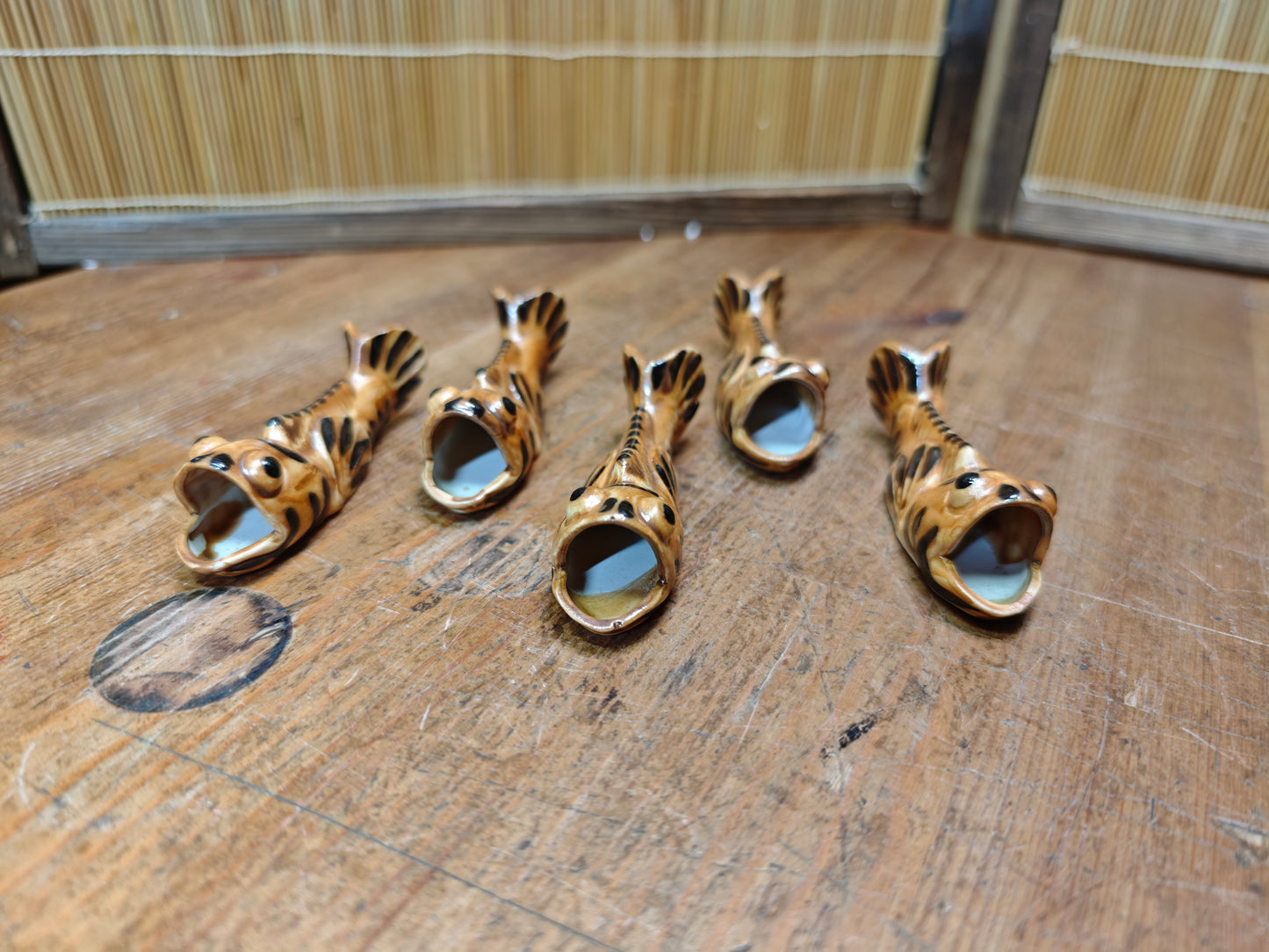 Rare Japanese Koi Fish Chopstick Rests Set Vintage Pottery Hashioki