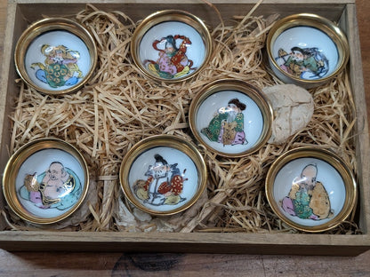 Rare 1950s Kutani Sakazuki Sake Set 24K Gold Hand Painted Boxed Japan