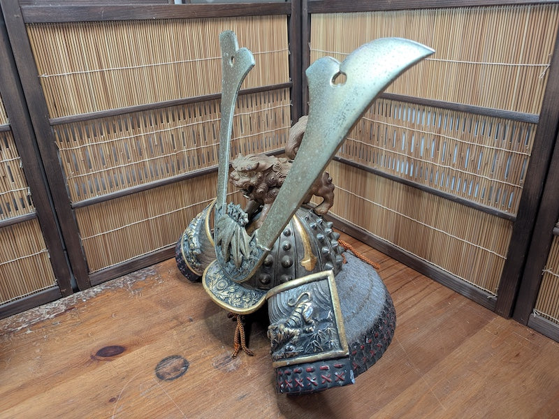 1950s Japanese Samurai Helmet Steel & Brass Antique Armor Display