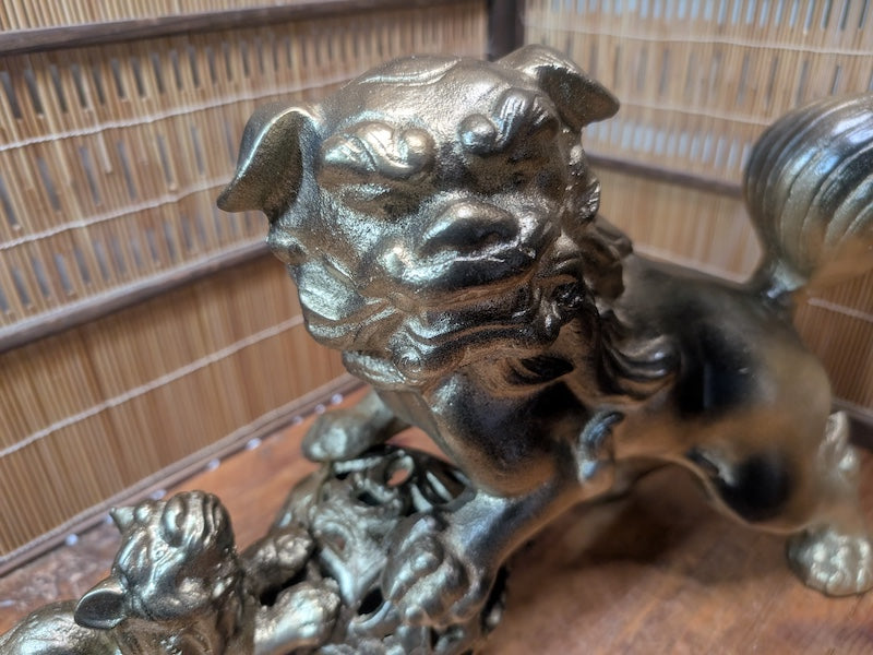 Rare 1950s Japanese Steel Komainu Shisa Guardian Lion Statue 5KG Shrine Art