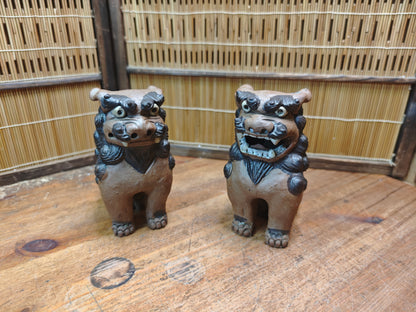 Rare 1950s Okinawa Shisa Pair Red Clay Guardian Lions Folk Art Japan