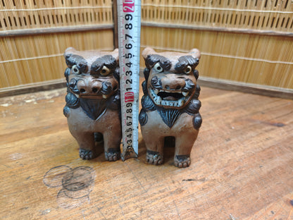 Rare 1950s Okinawa Shisa Pair Red Clay Guardian Lions Folk Art Japan
