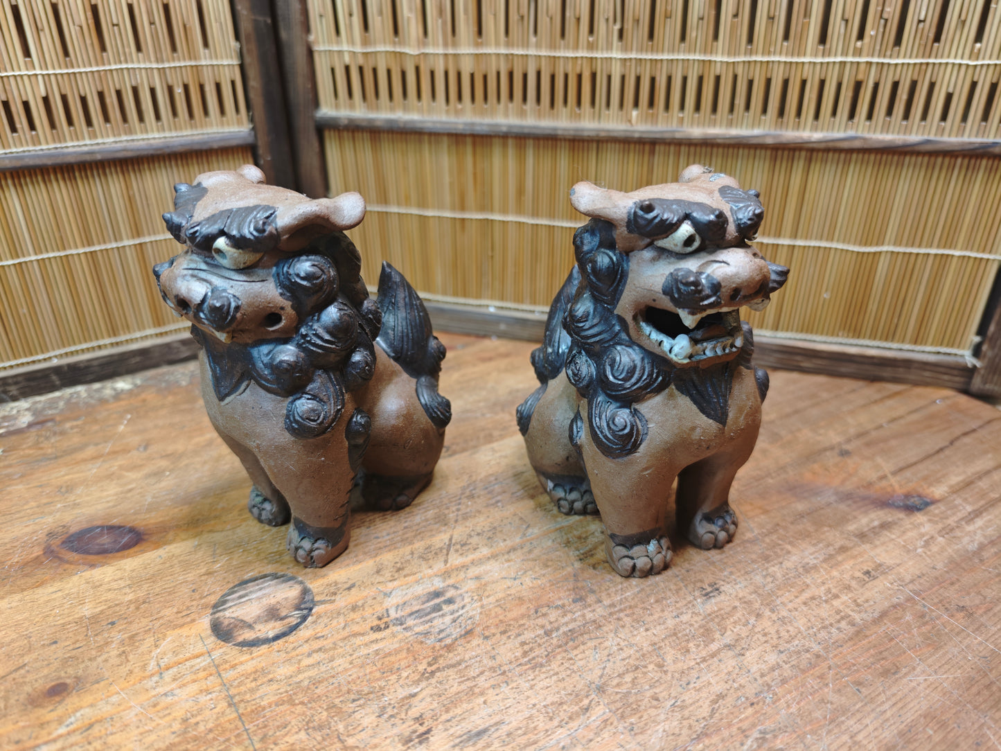 Rare 1950s Okinawa Shisa Pair Red Clay Guardian Lions Folk Art Japan