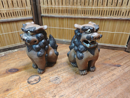 Rare 1950s Okinawa Shisa Pair Red Clay Guardian Lions Folk Art Japan