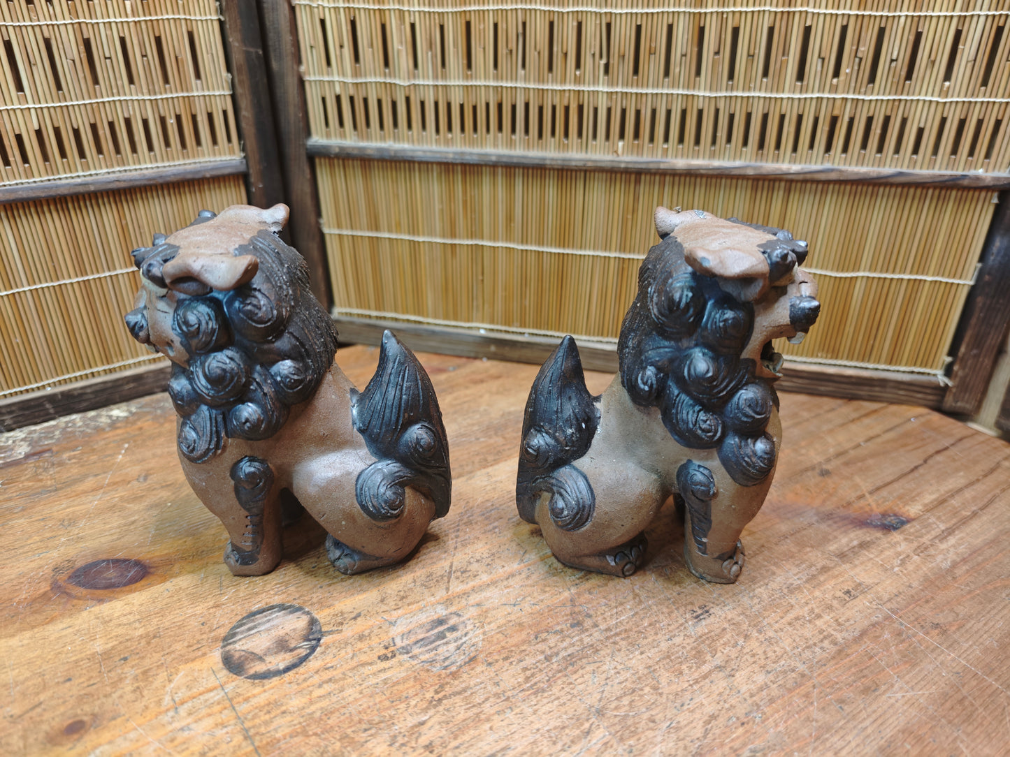 Rare 1950s Okinawa Shisa Pair Red Clay Guardian Lions Folk Art Japan