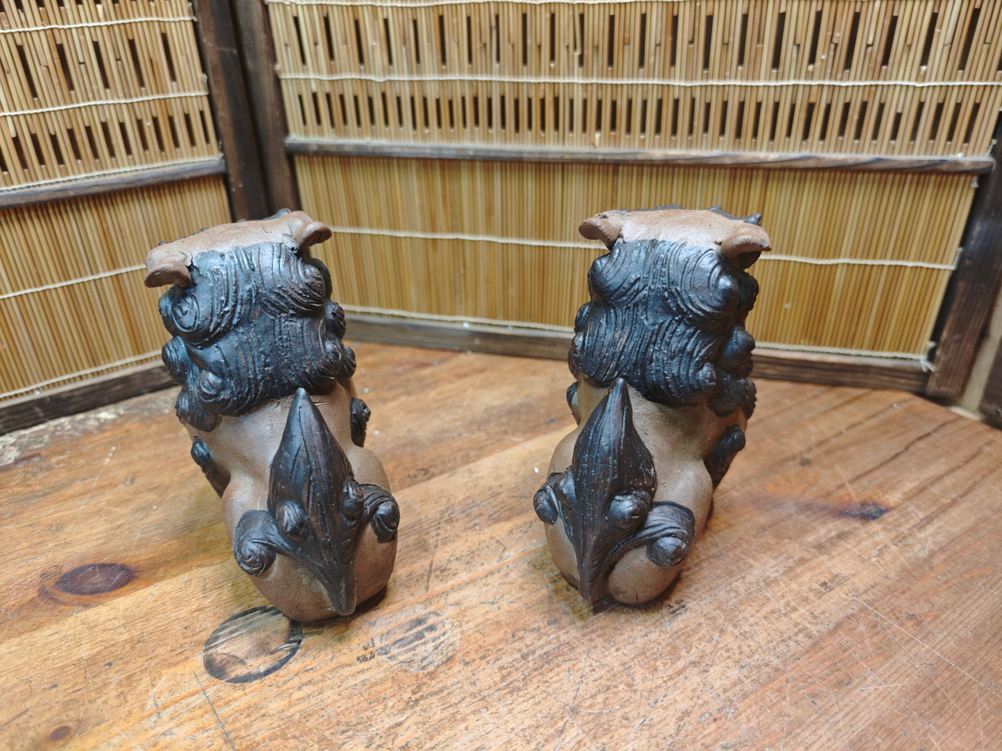 Rare 1950s Okinawa Shisa Pair Red Clay Guardian Lions Folk Art Japan