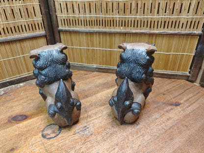 Rare 1950s Okinawa Shisa Pair Red Clay Guardian Lions Folk Art Japan