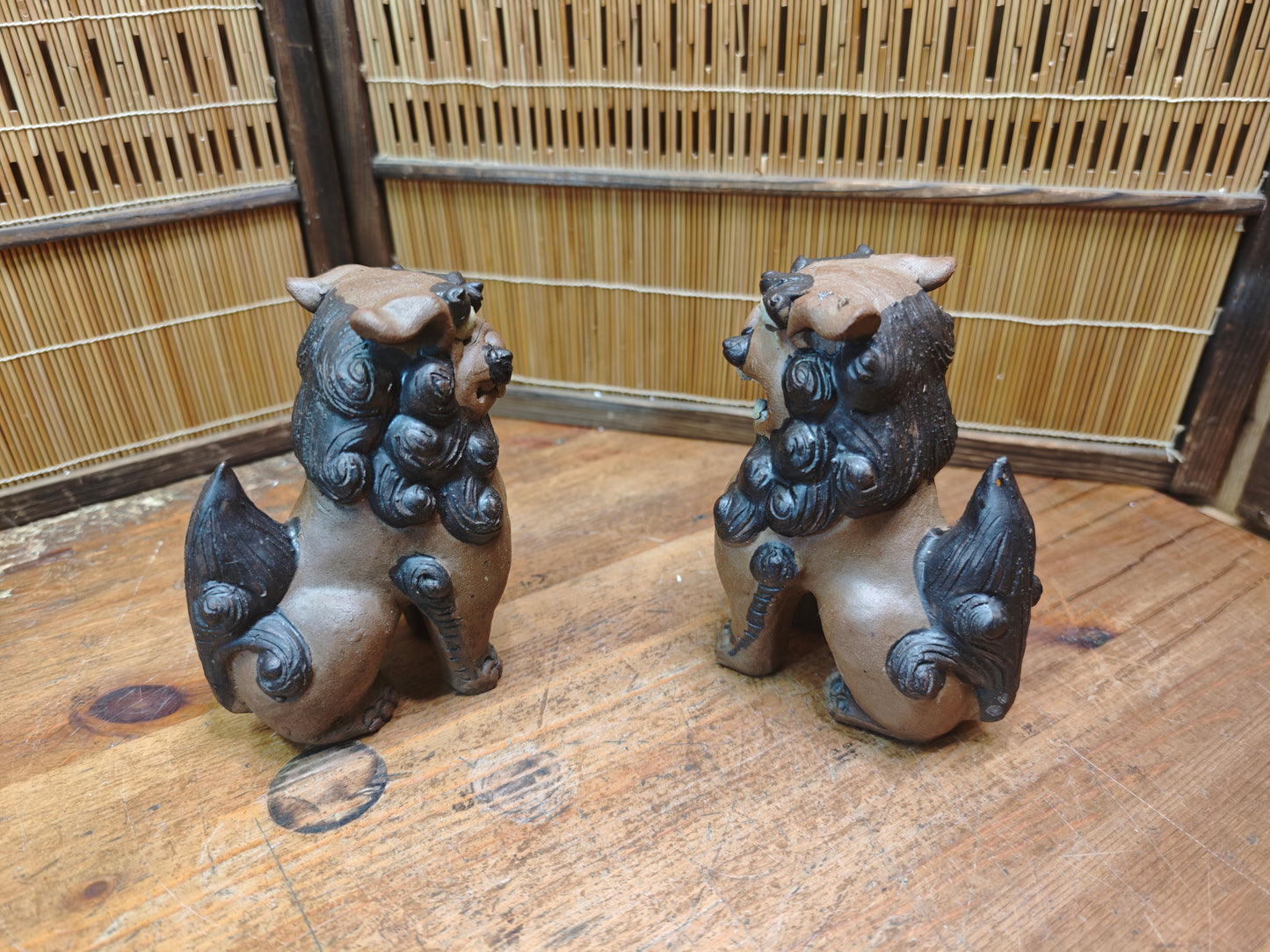 Rare 1950s Okinawa Shisa Pair Red Clay Guardian Lions Folk Art Japan