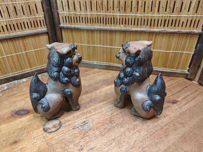 Rare 1950s Okinawa Shisa Pair Red Clay Guardian Lions Folk Art Japan