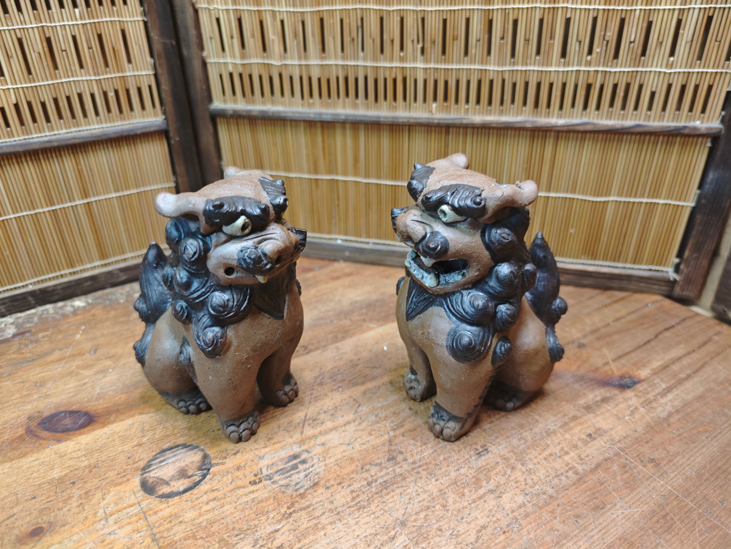 Rare 1950s Okinawa Shisa Pair Red Clay Guardian Lions Folk Art Japan