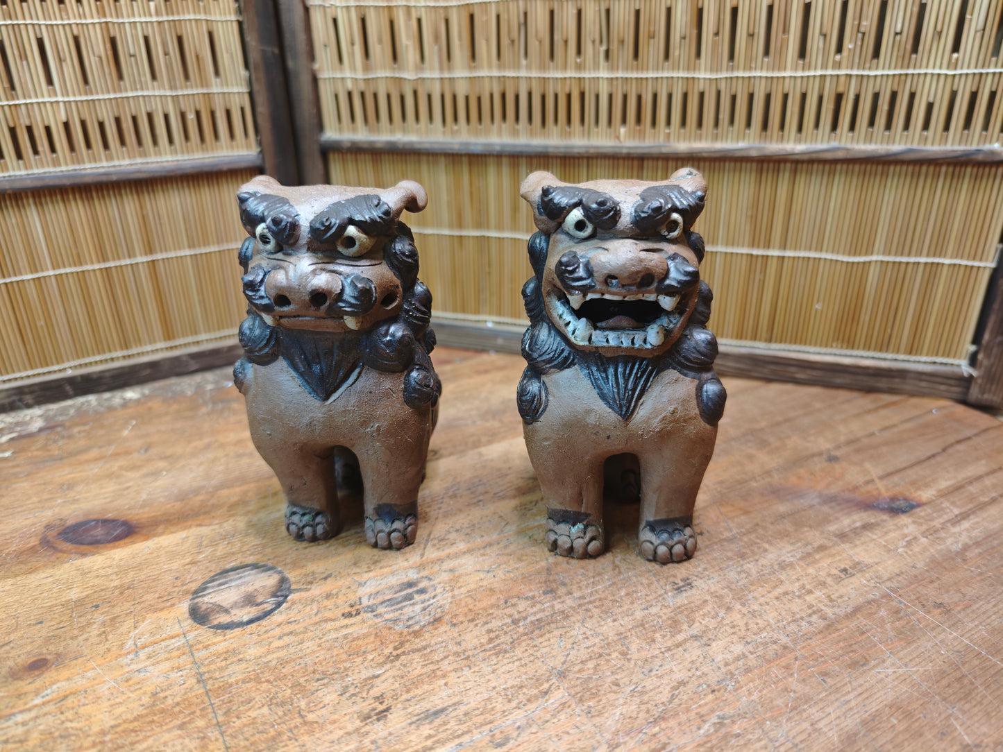 Rare 1950s Okinawa Shisa Pair Red Clay Guardian Lions Folk Art Japan