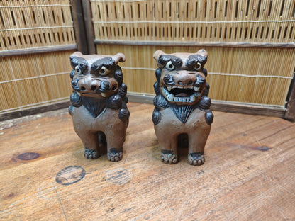 Rare 1950s Okinawa Shisa Pair Red Clay Guardian Lions Folk Art Japan
