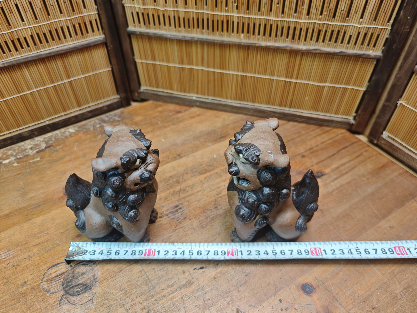 Rare 1950s Okinawa Shisa Pair Red Clay Guardian Lions Folk Art Japan