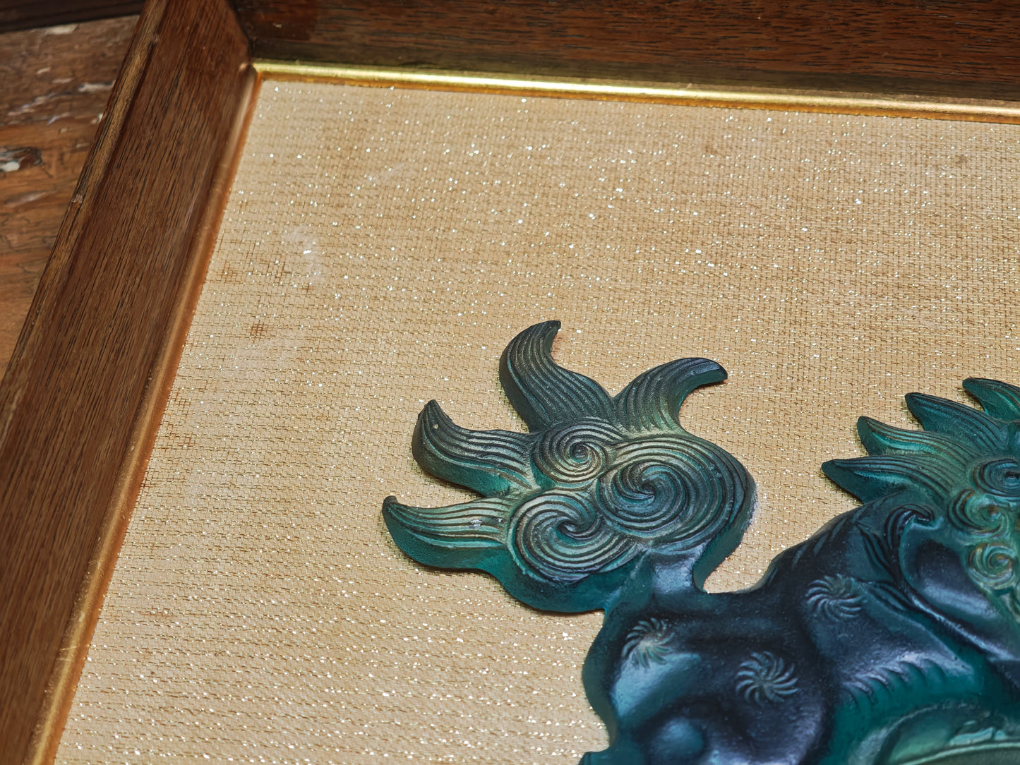 Rare 1950s Okinawan Shisa Copper Wall Art Yakisugi Frame Auction JP