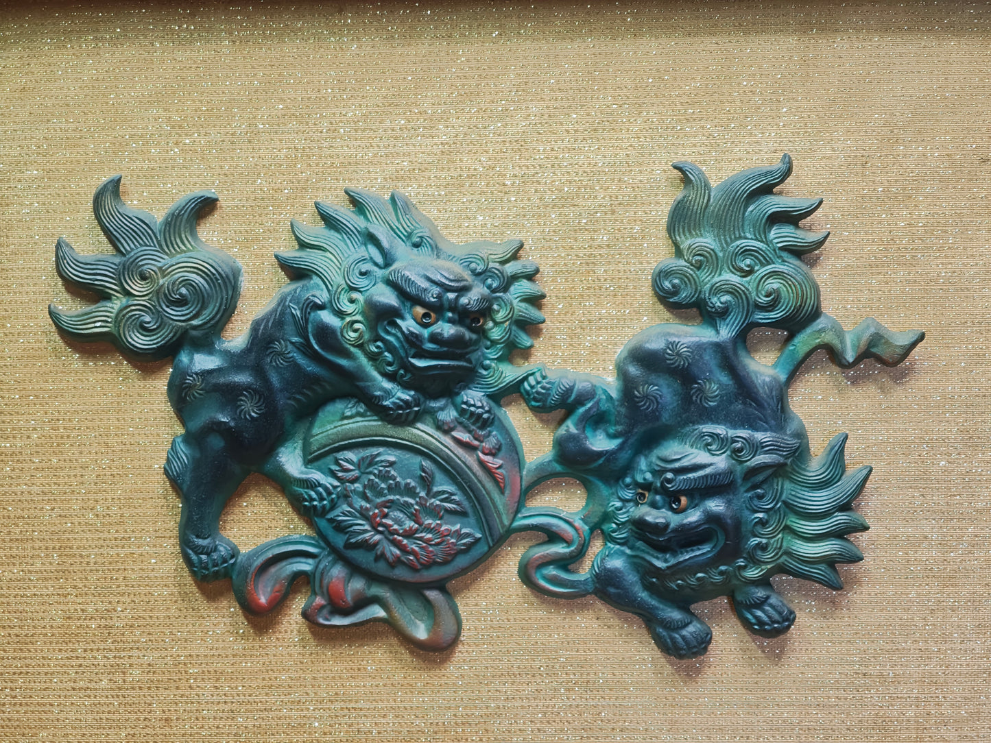 Rare 1950s Okinawan Shisa Copper Wall Art Yakisugi Frame Auction JP