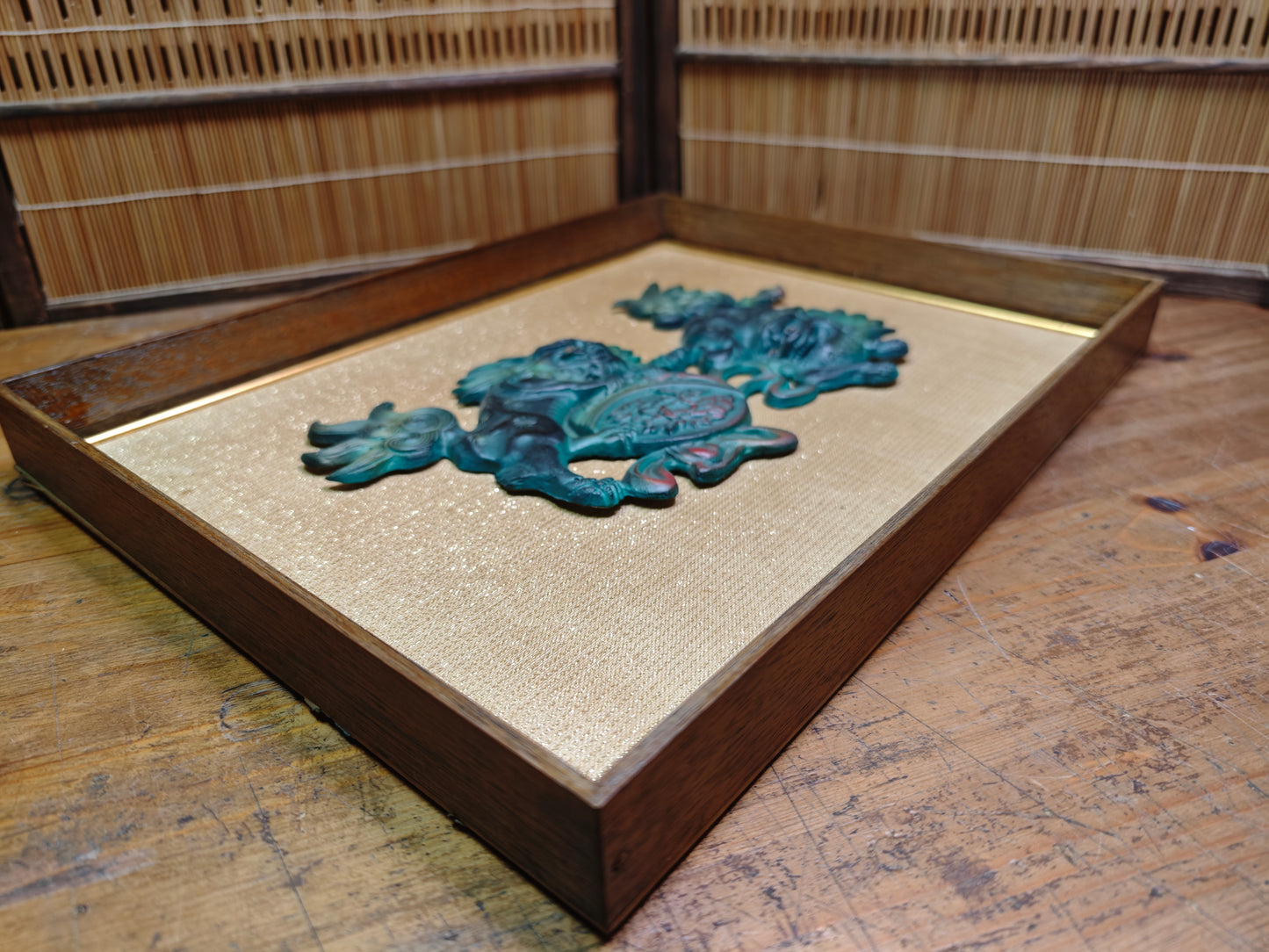 Rare 1950s Okinawan Shisa Copper Wall Art Yakisugi Frame Auction JP